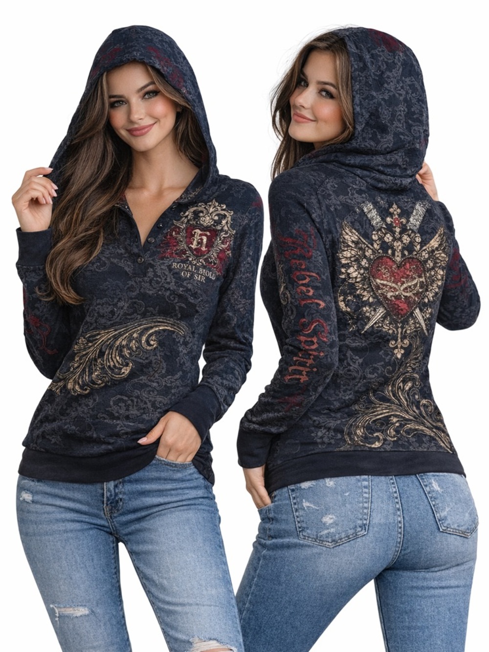 🔥 Rebel Spirit Embellished Hoodie – Y2K Gothic Ed Hardy Style 🔥
